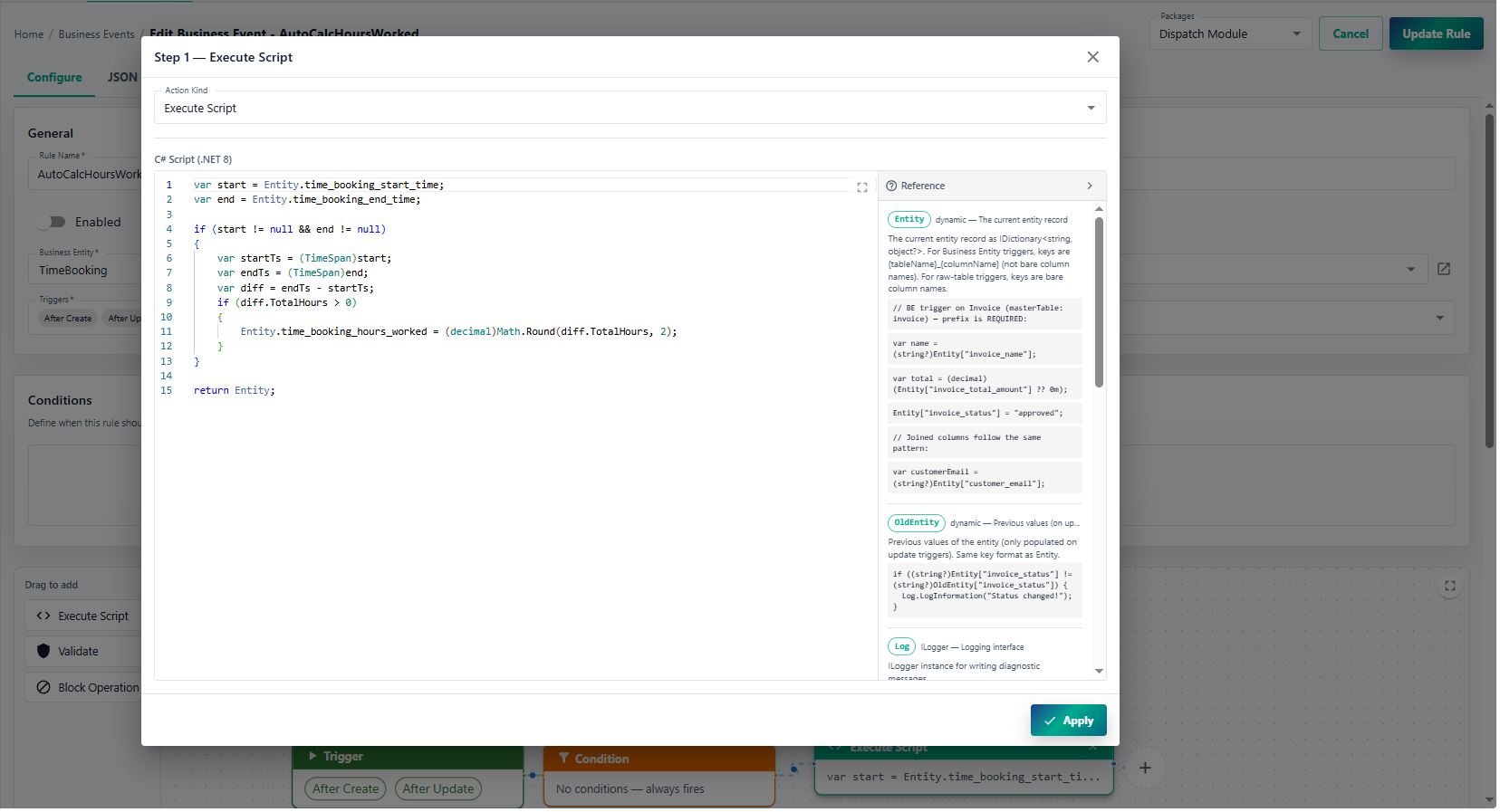 Scripting inside a business event