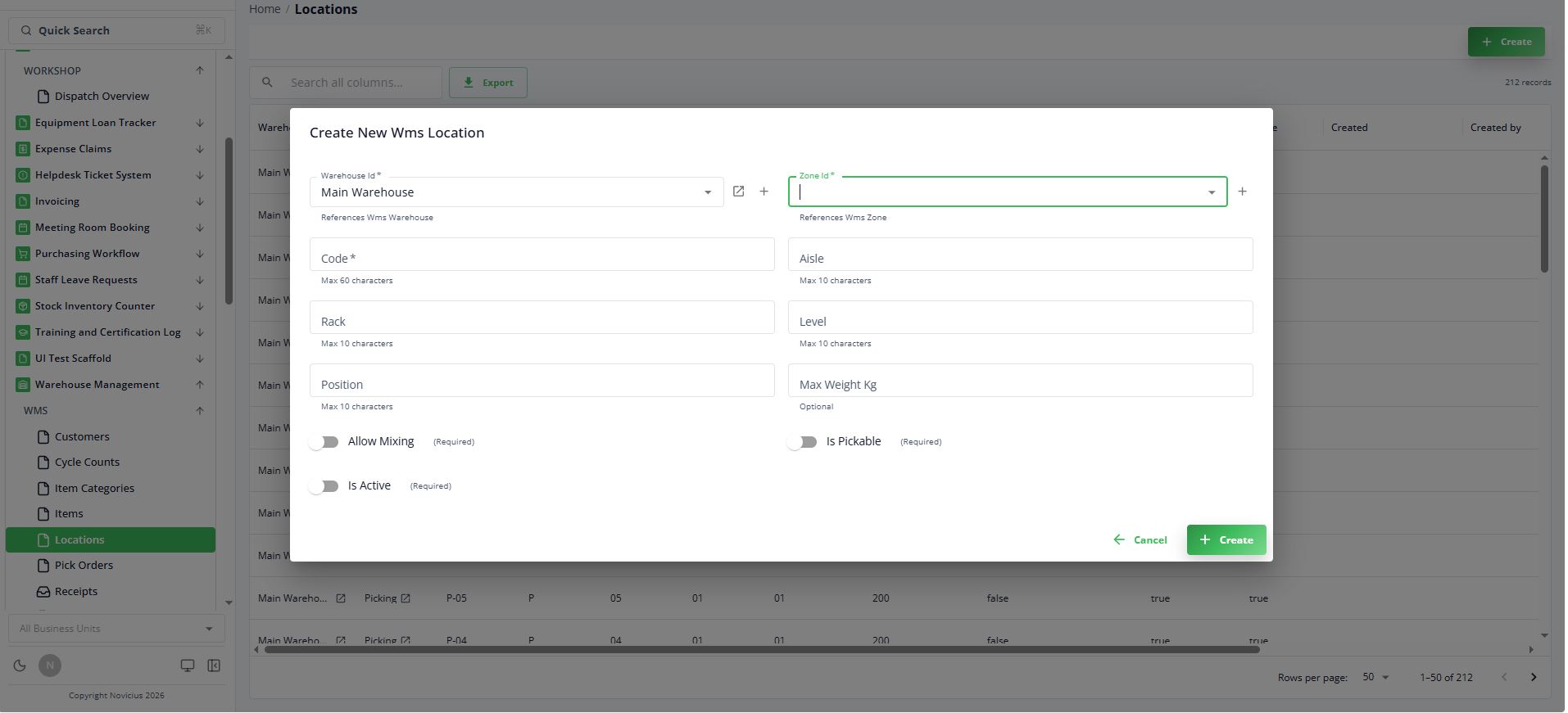 WMS create location - bin layout, scanner-friendly