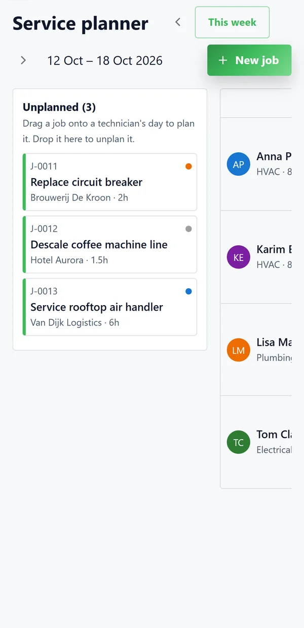 The Service Planner example on a phone: this week's unplanned jobs with customer and estimated hours, next to the technicians' columns.